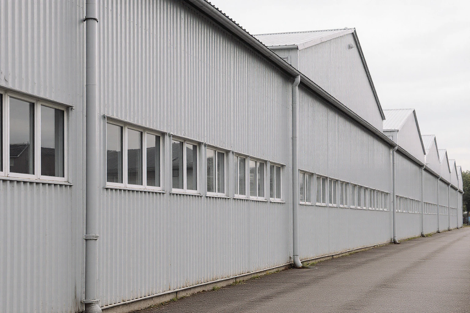 Hallenfassade mit Fensterreihe und zugehöriger Freifläche